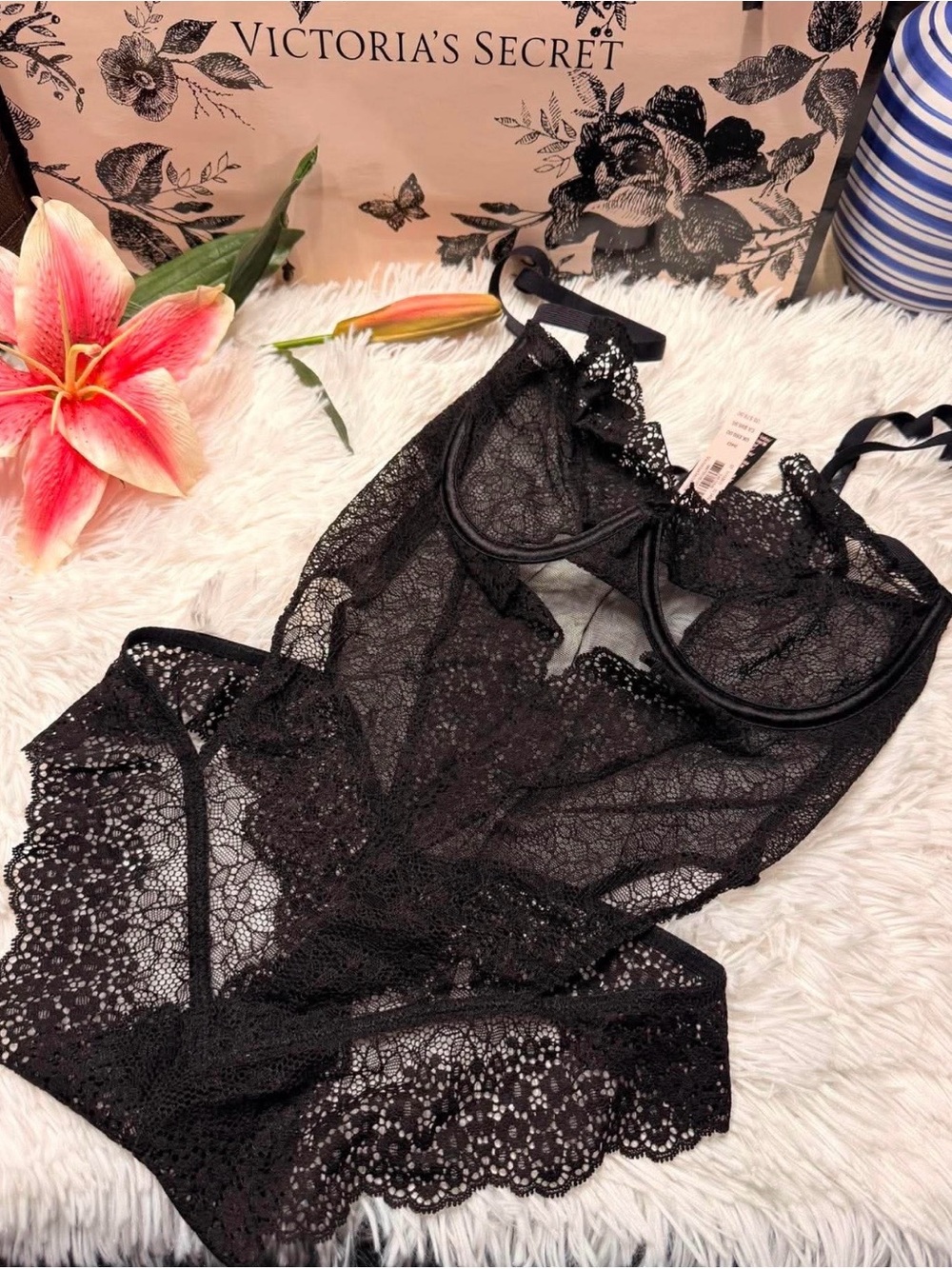 Victoria's Secret Black Lace Chemise Bodysuit